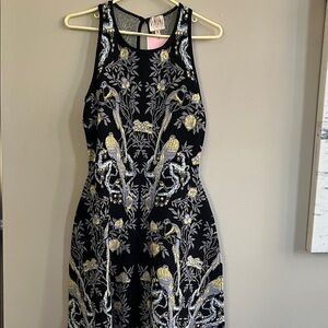 Via Vai Kim Bird and Floral Jacquard sleeveless fit n flare black dress medium